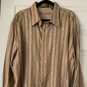 ROBERT GRAHAM EMBROIDERED KHAKI MENS 3XL LONG SLEEVE FLIP CUFF SHIRT